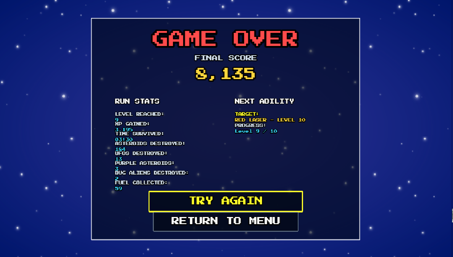 Fuel Field game over screen